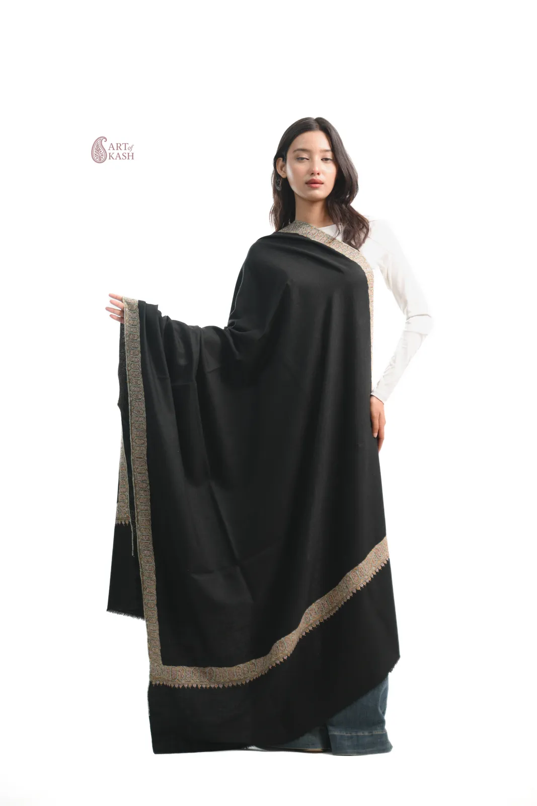 Classic Border Pashmina Shawl — Black With Gold Border