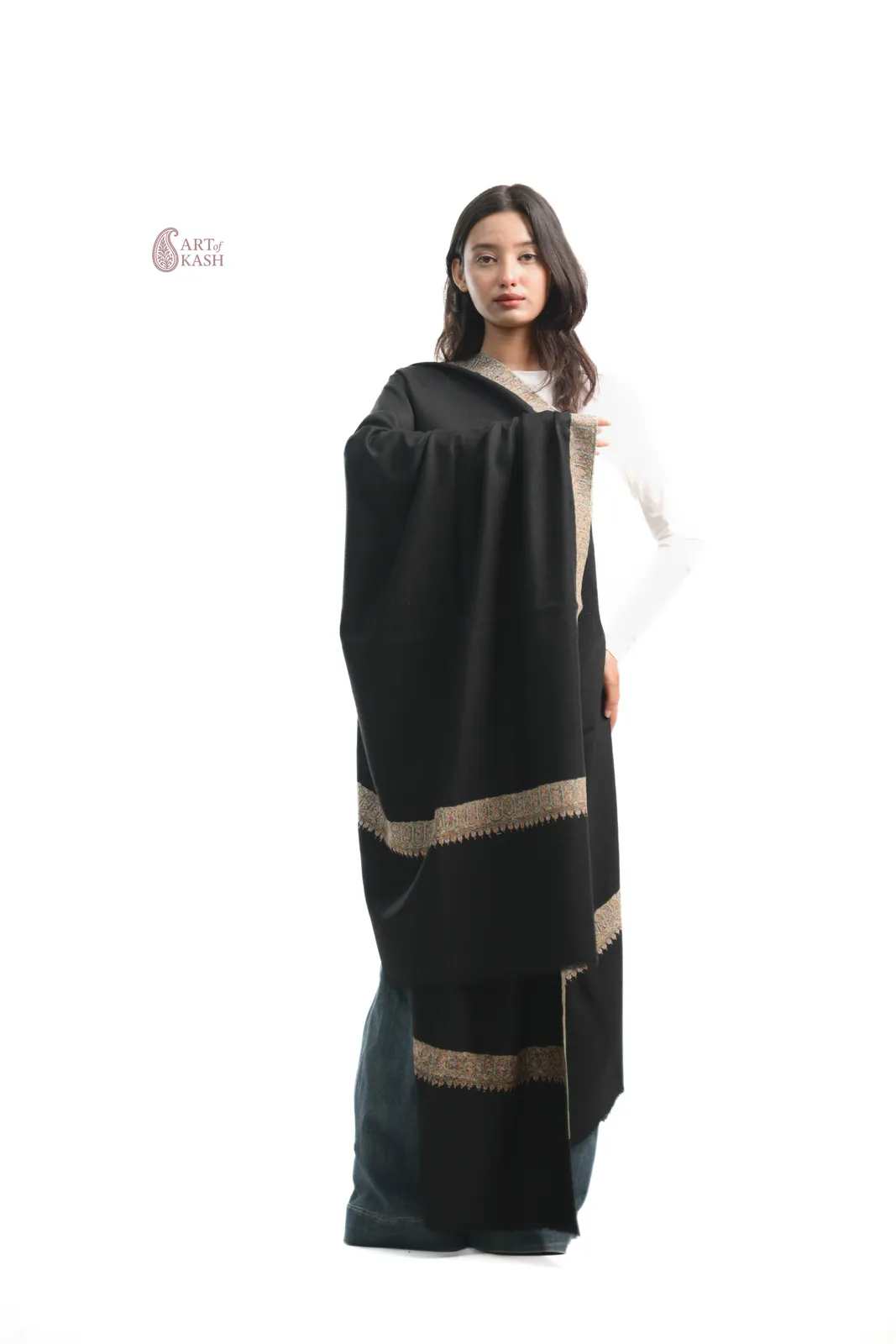 Classic Border Pashmina Shawl — Black With Gold Border