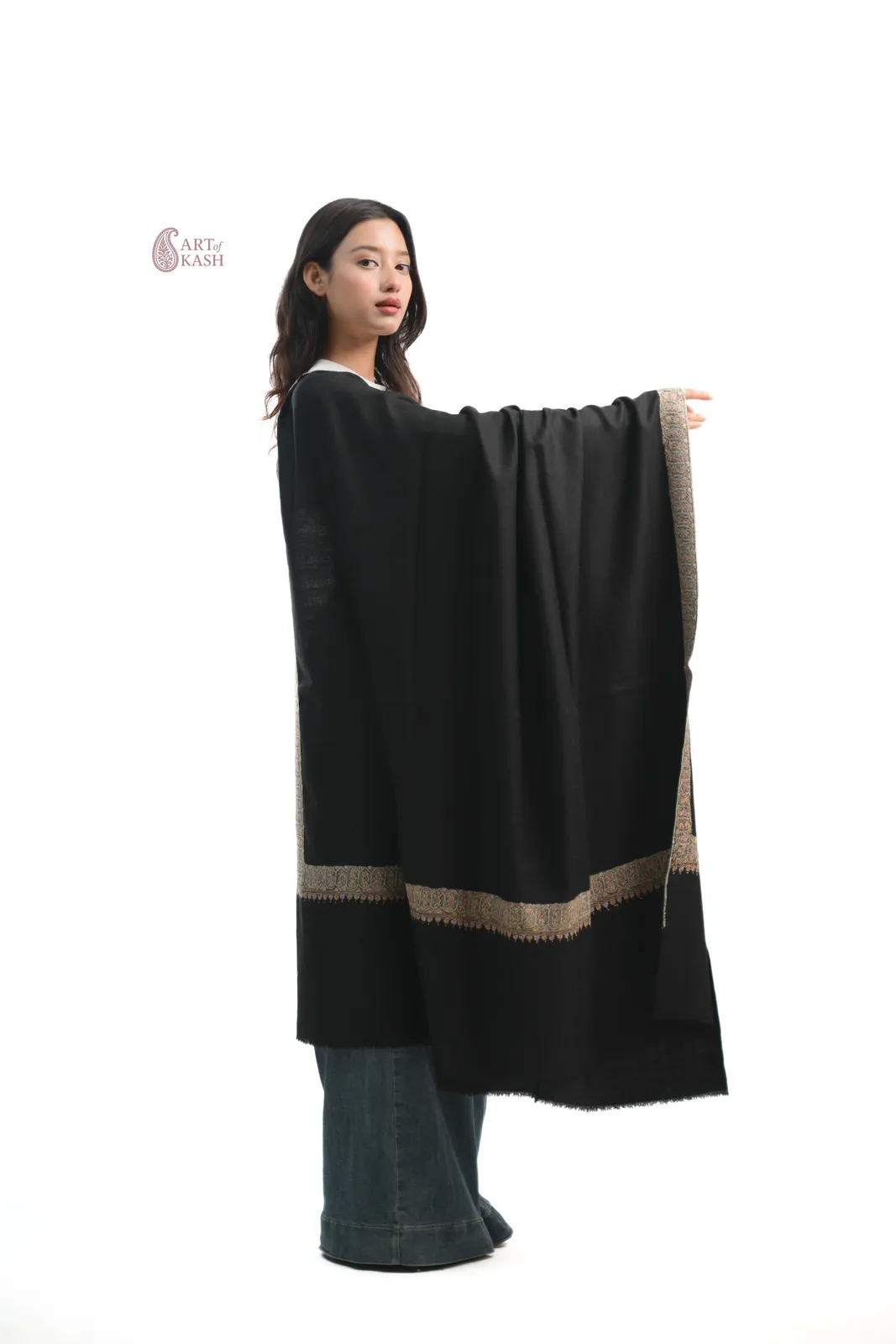 Classic Border Pashmina Shawl — Black With Gold Border