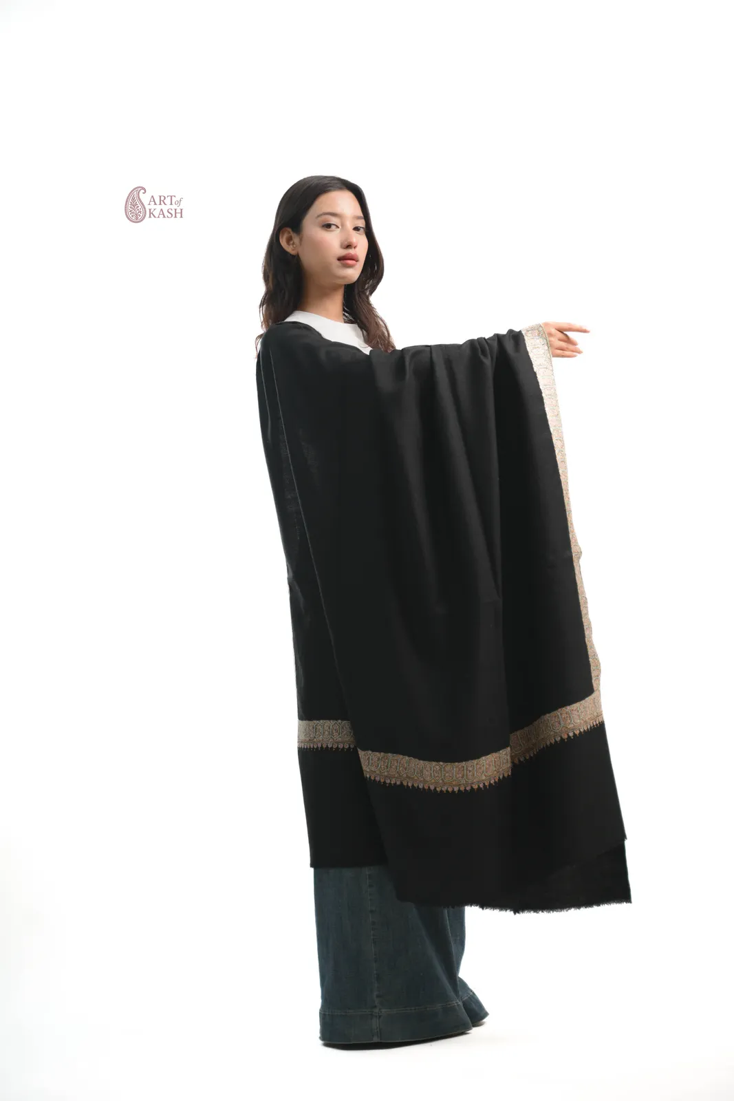 Classic Border Pashmina Shawl — Black With Gold Border