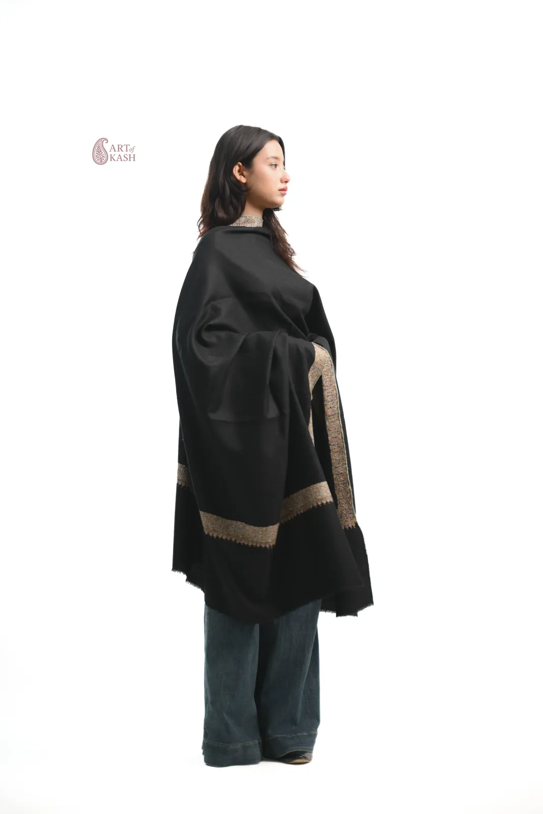 Classic Border Pashmina Shawl — Black With Gold Border
