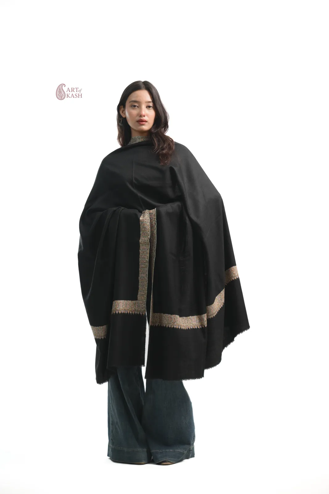 Classic Border Pashmina Shawl — Black With Gold Border