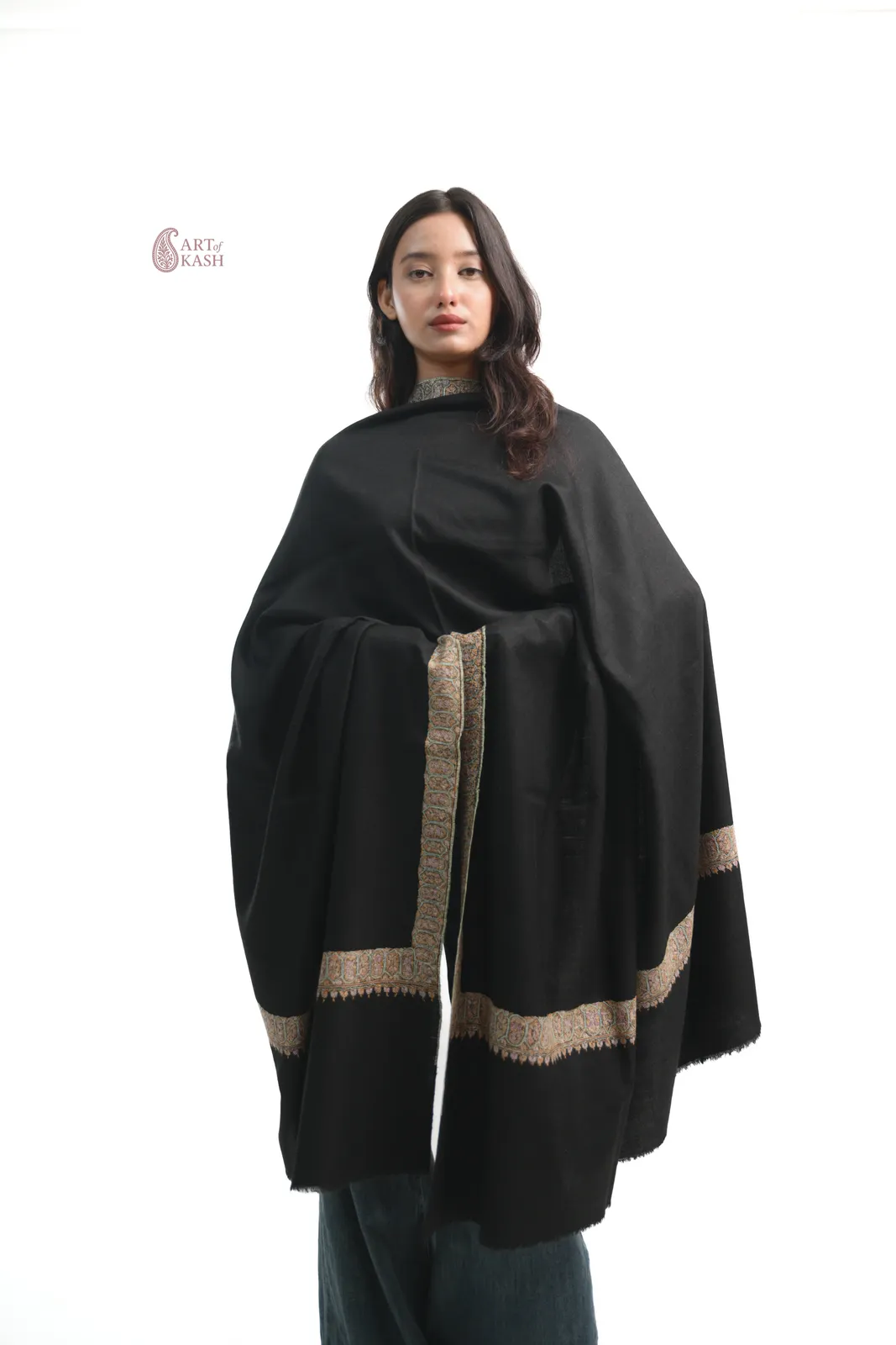 Classic Border Pashmina Shawl — Black With Gold Border