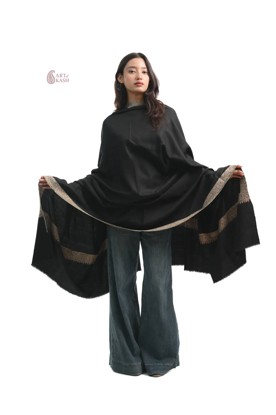 Classic Border Pashmina Shawl — Black With Gold Border