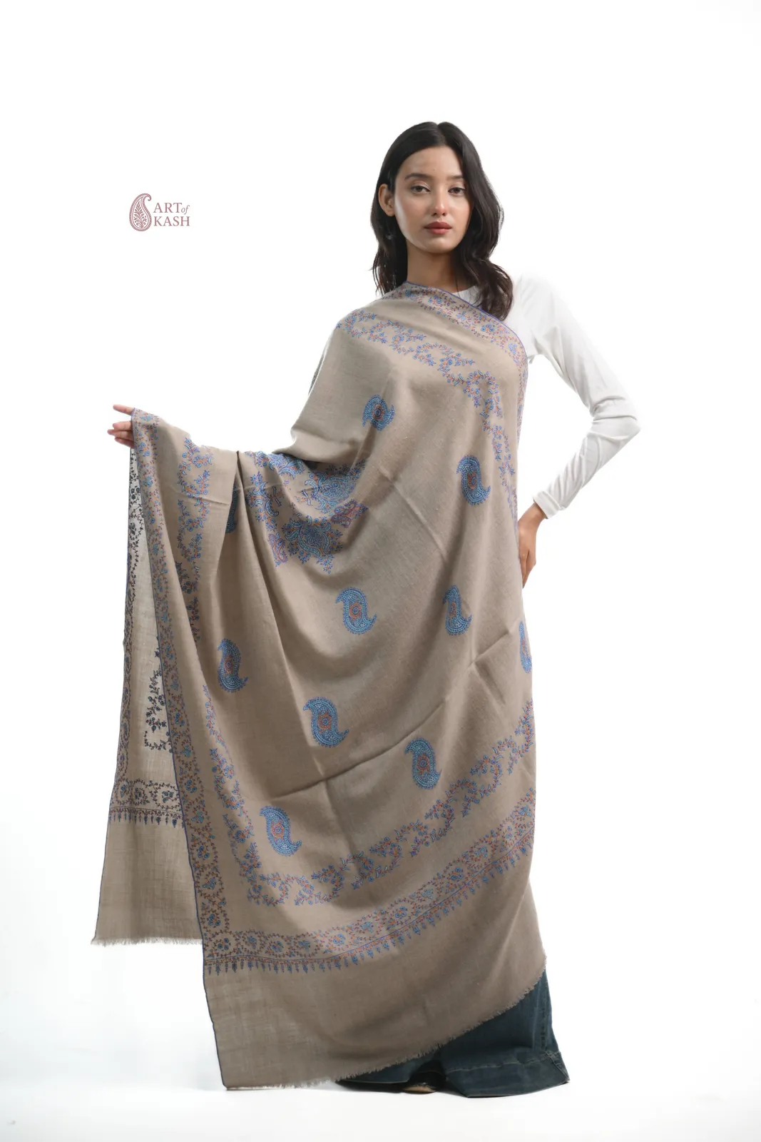 Designer Pashmina Shawl — Beige With Blue Paisley