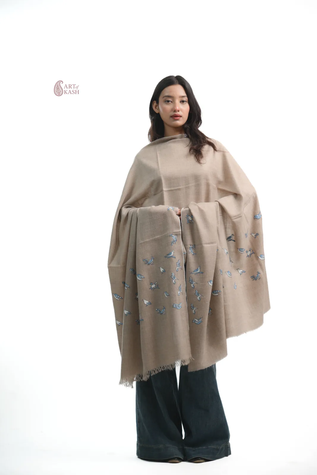 Designer Pashmina Shawl — Beige With Bird Motif