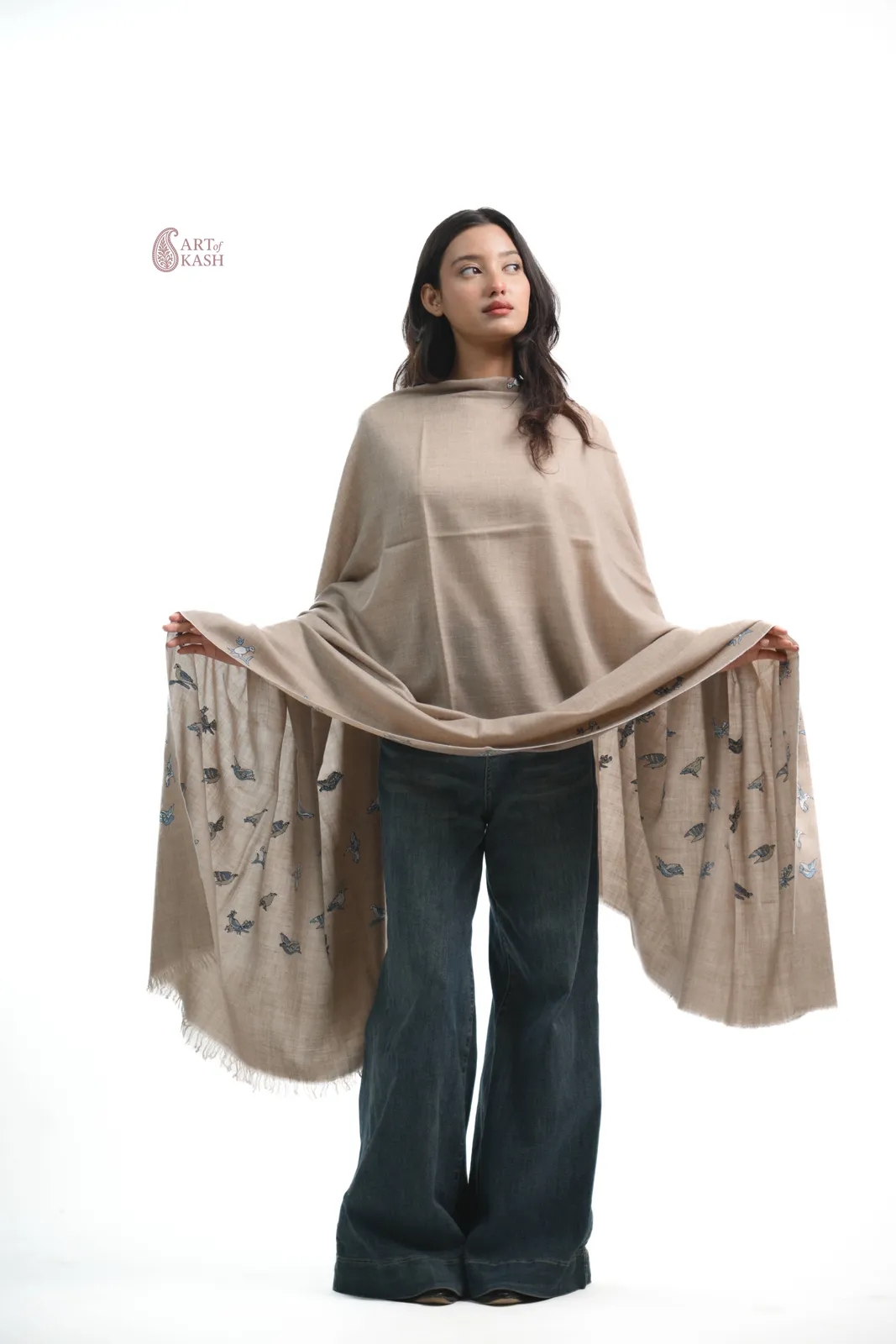 Designer Pashmina Shawl — Beige With Bird Motif
