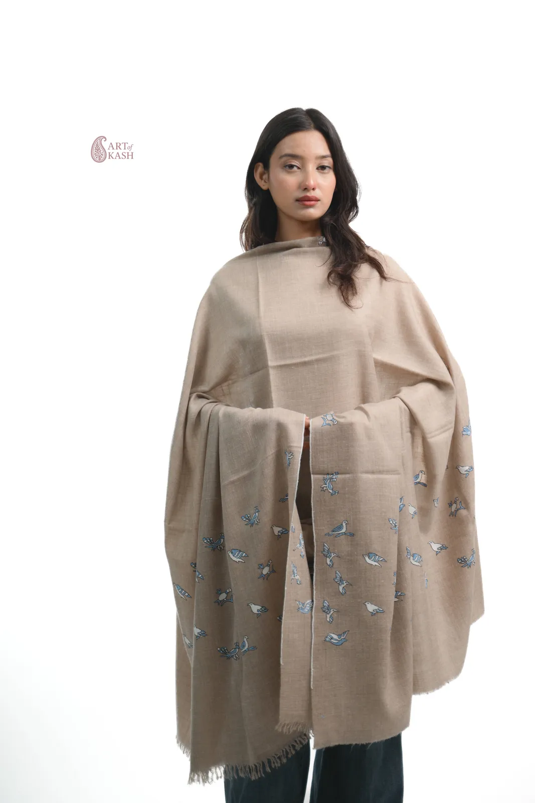 Designer Pashmina Shawl — Beige With Bird Motif