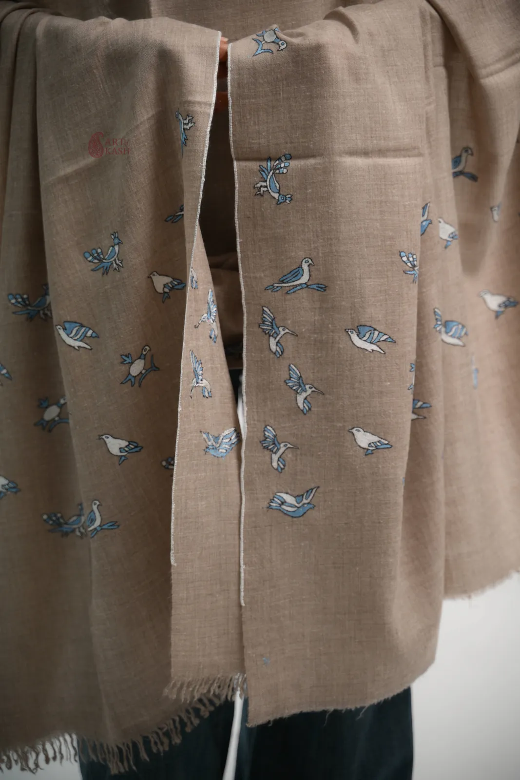 Designer Pashmina Shawl — Beige With Bird Motif
