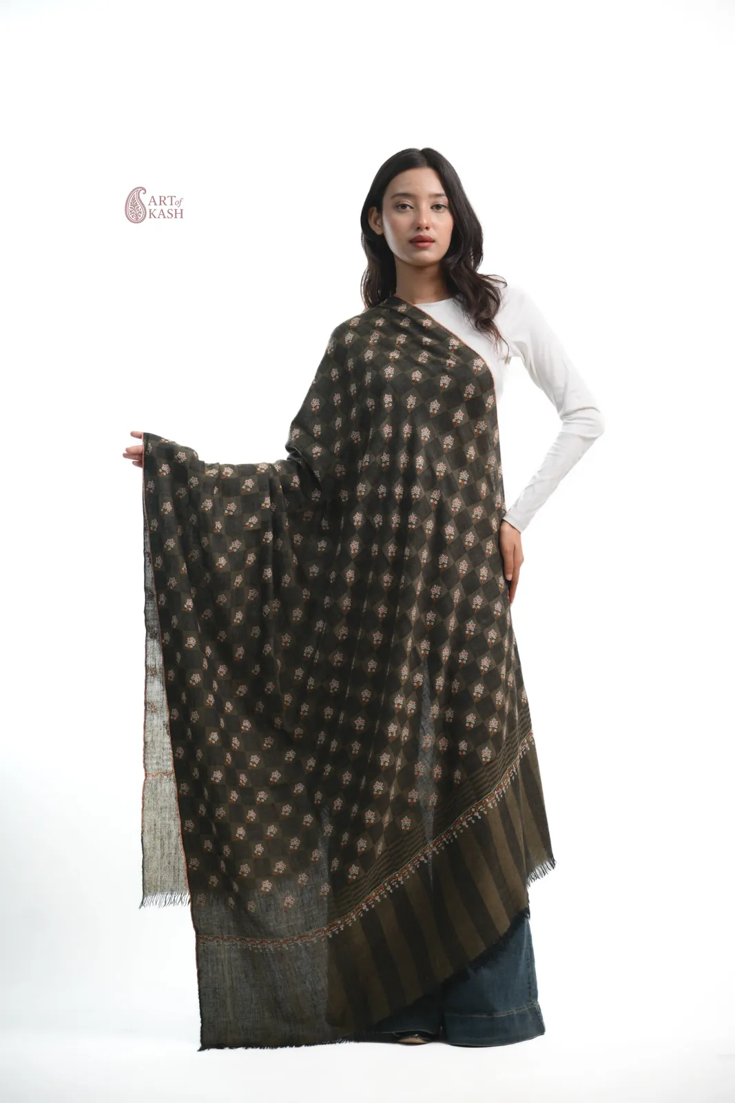 Designer Pashmina Shawl — Olive Check With Gold