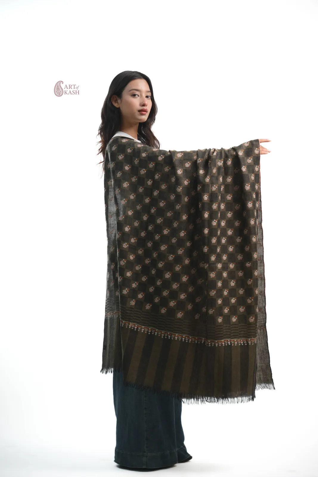 Designer Pashmina Shawl — Olive Check With Gold