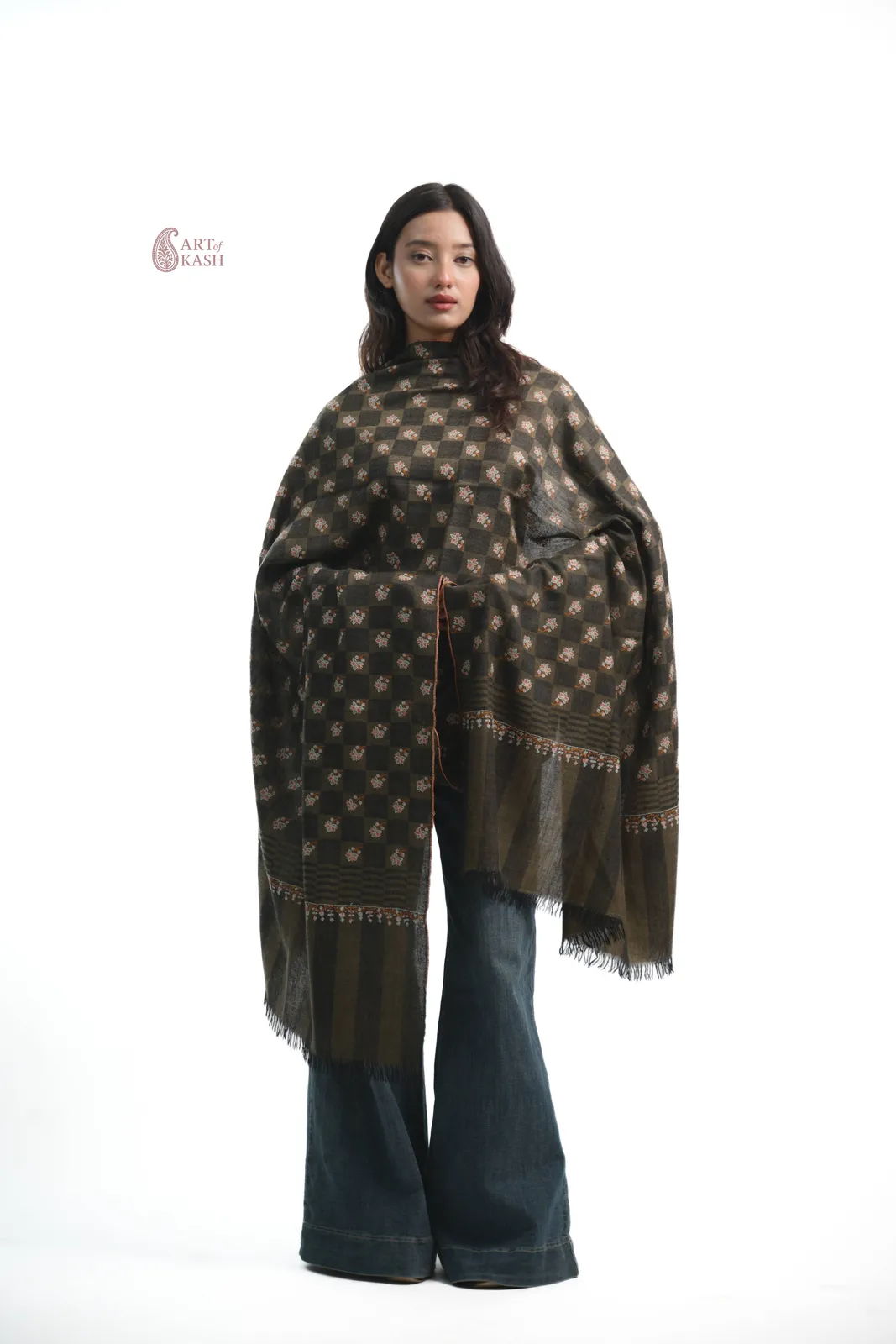 Designer Pashmina Shawl — Olive Check With Gold