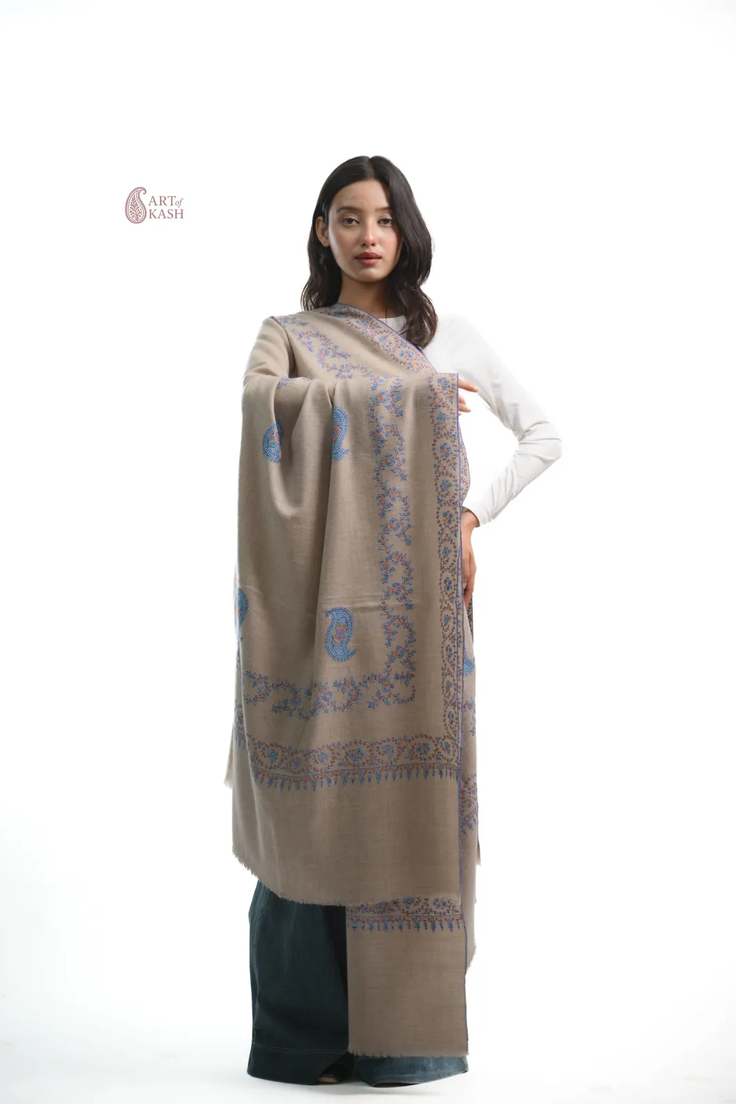 Designer Pashmina Shawl — Beige With Blue Paisley