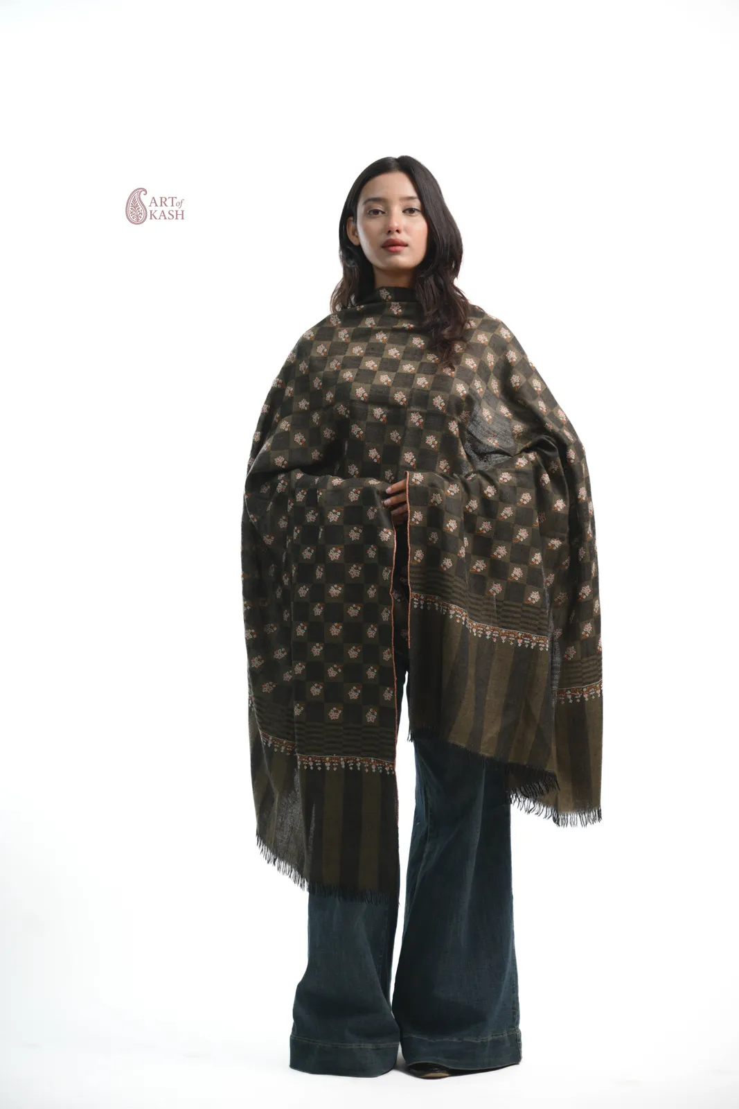 Designer Pashmina Shawl — Olive Check With Gold