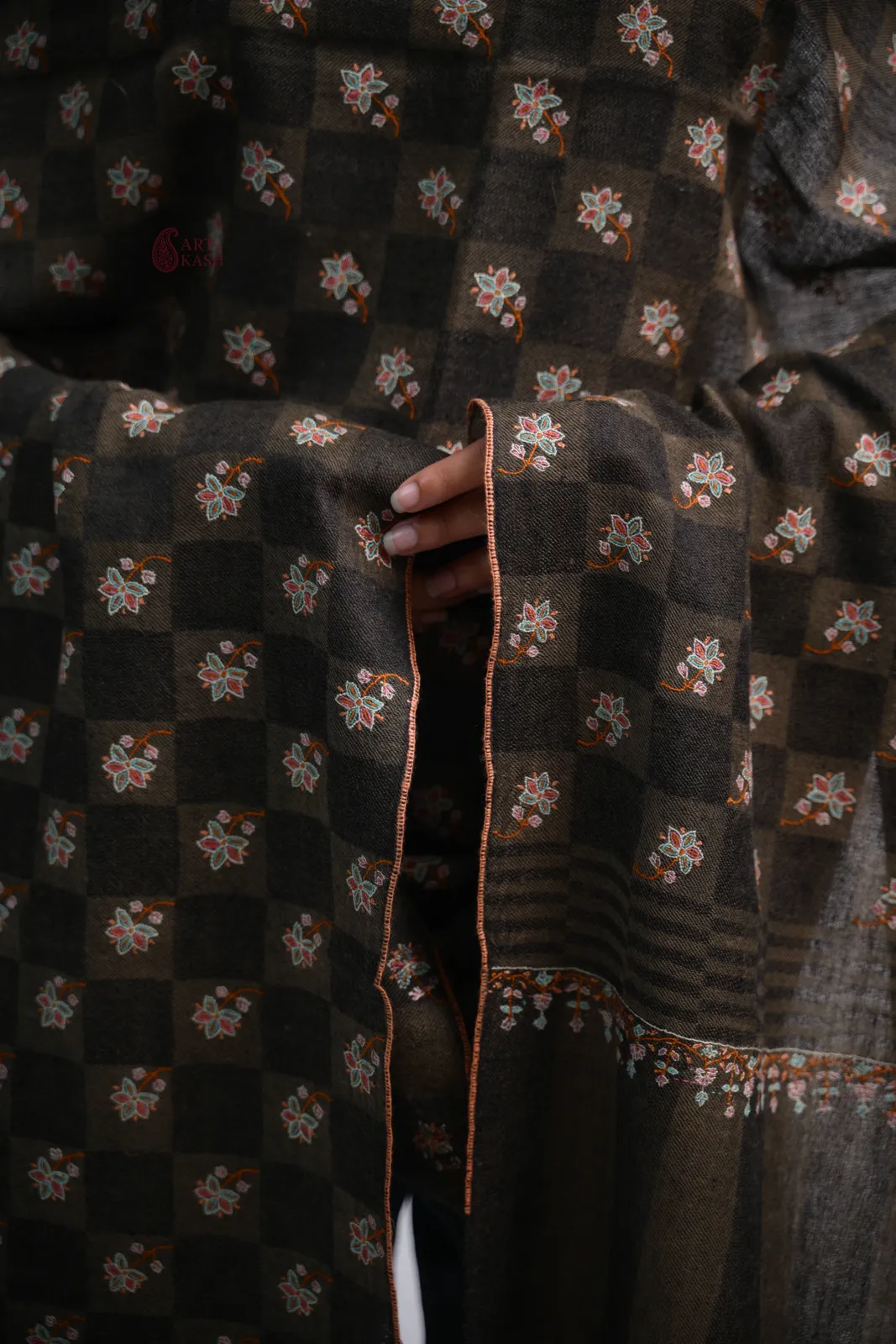 Designer Pashmina Shawl — Olive Check With Gold