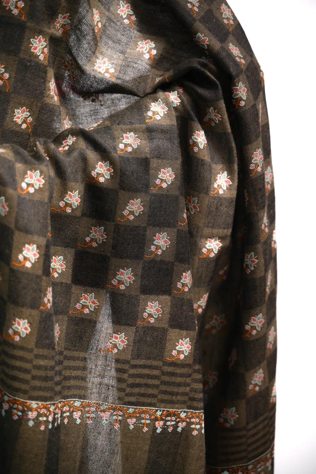 Designer Pashmina Shawl — Olive Check With Gold