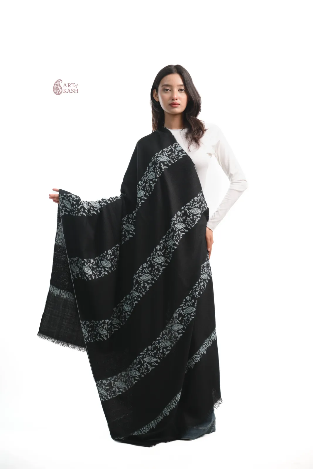 Designer Pashmina Shawl — Black With White Floral