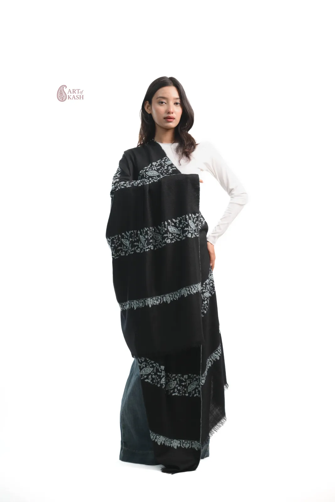 Designer Pashmina Shawl — Black With White Floral