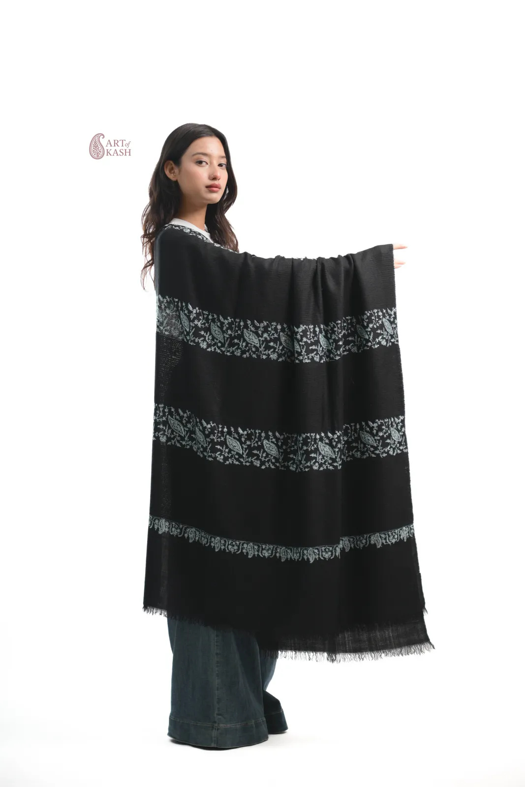 Designer Pashmina Shawl — Black With White Floral