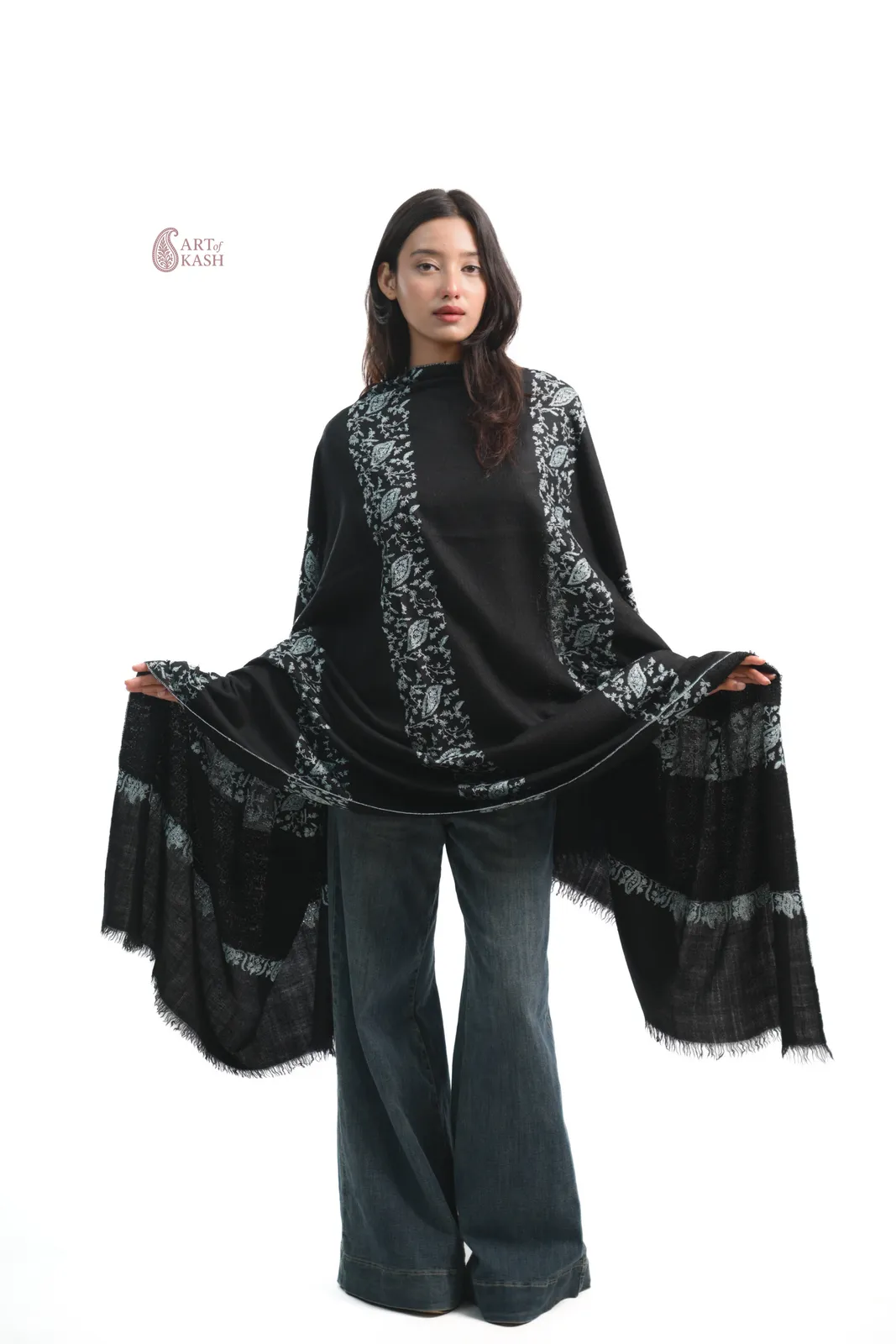 Designer Pashmina Shawl — Black With White Floral