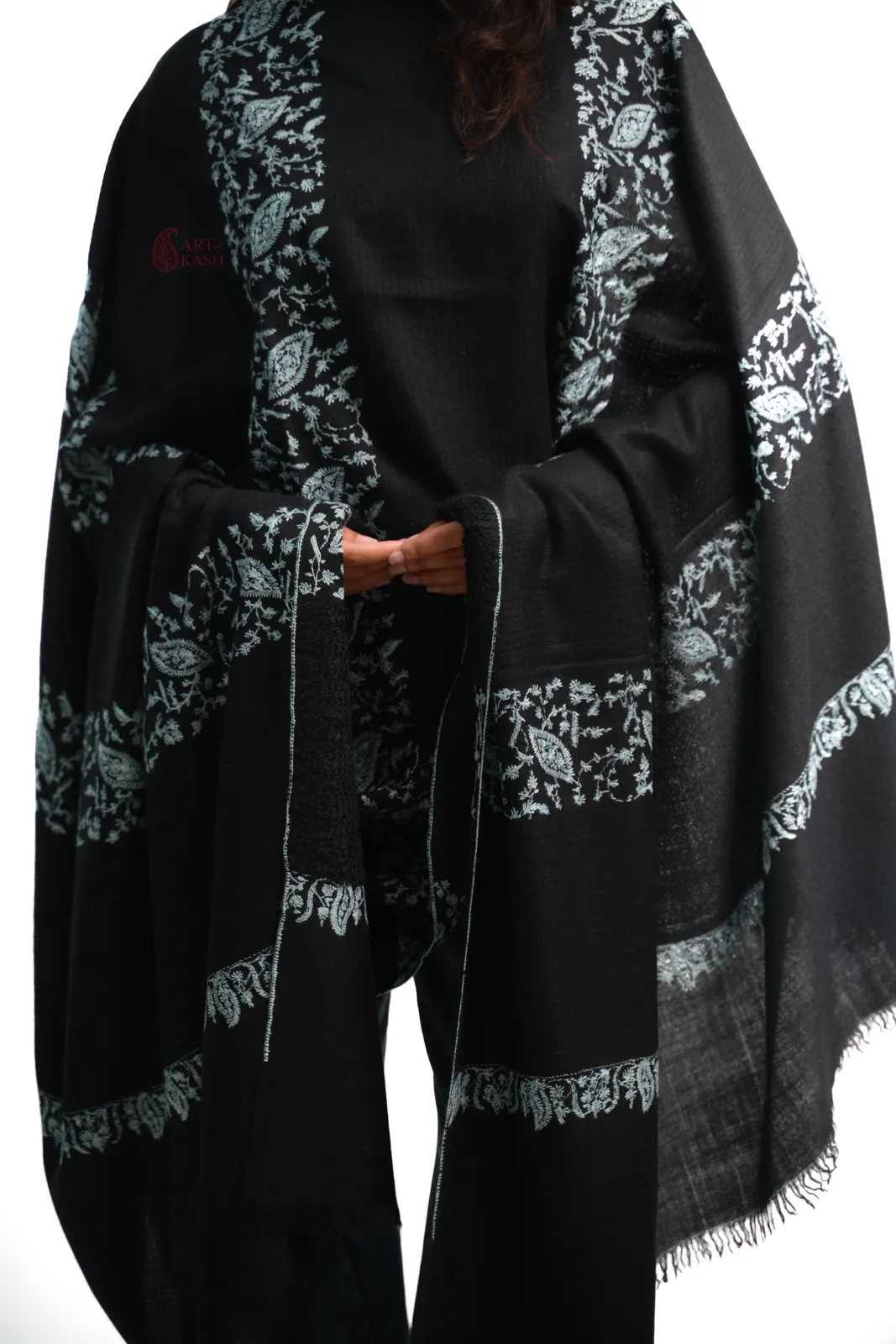 Designer Pashmina Shawl — Black With White Floral