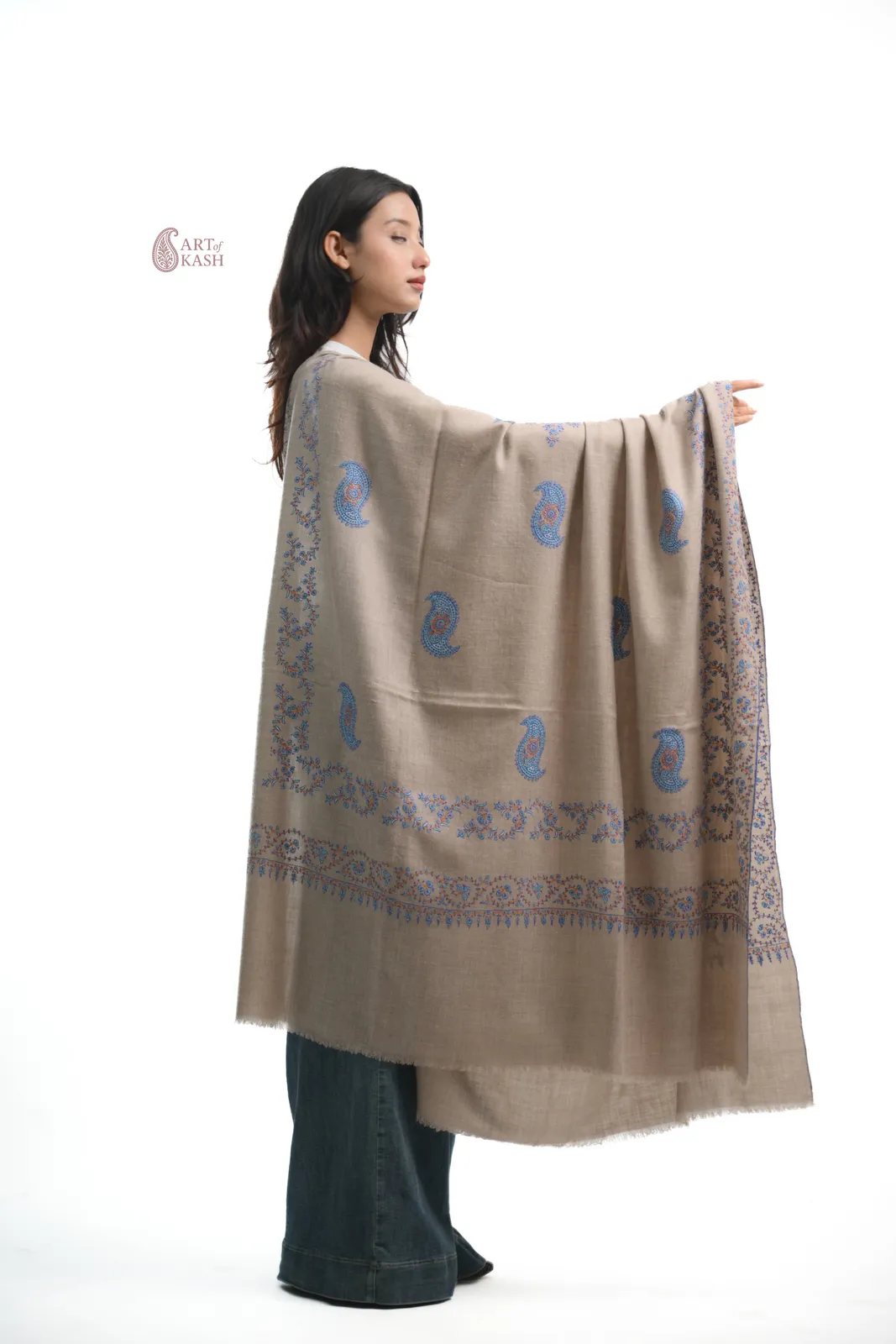 Designer Pashmina Shawl — Beige With Blue Paisley