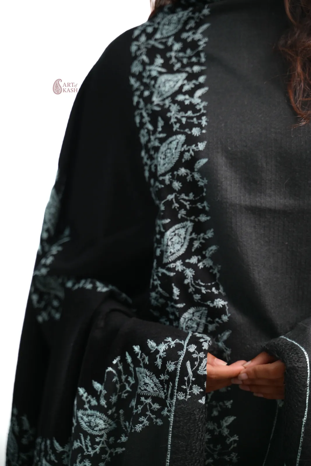 Designer Pashmina Shawl — Black With White Floral