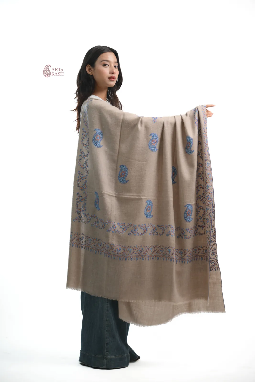Designer Pashmina Shawl — Beige With Blue Paisley