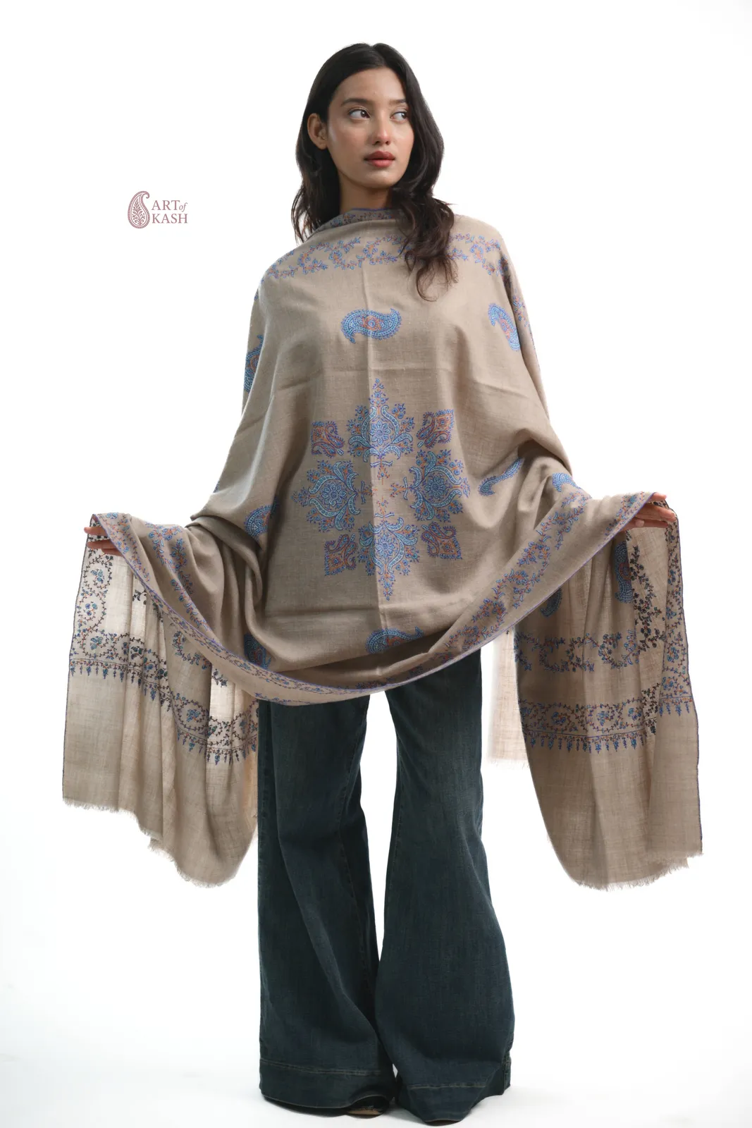Designer Pashmina Shawl — Beige With Blue Paisley