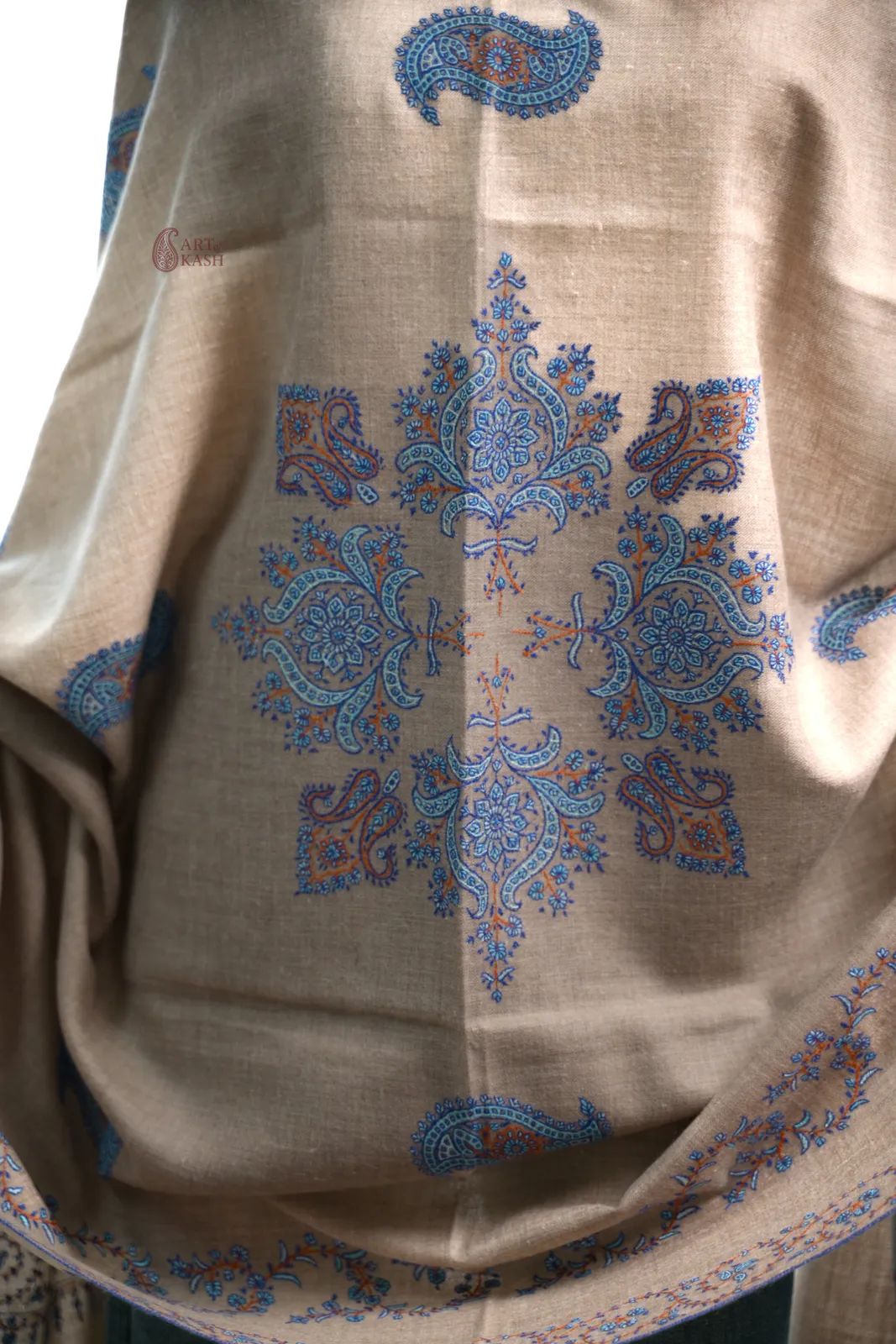 Designer Pashmina Shawl — Beige With Blue Paisley