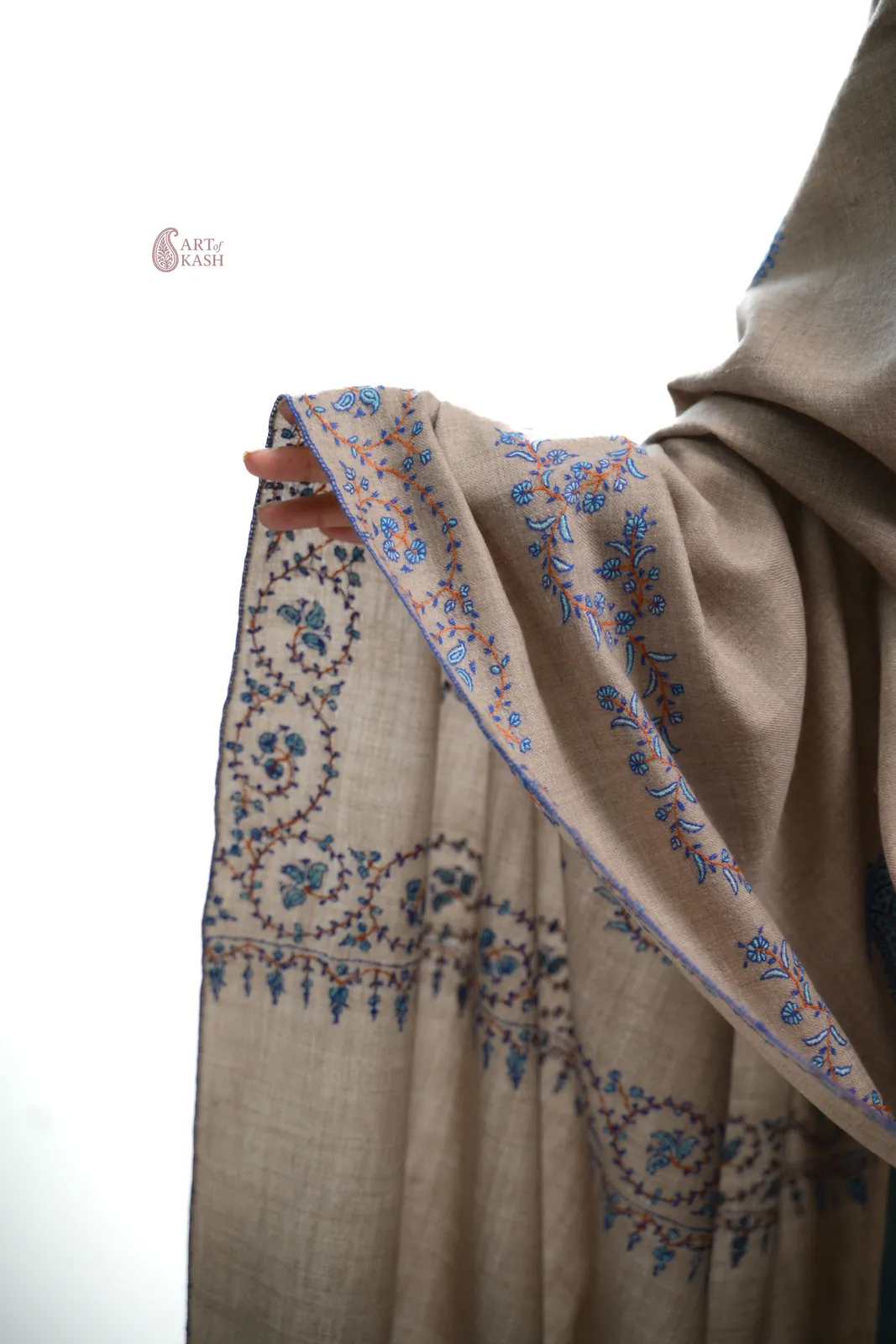 Designer Pashmina Shawl — Beige With Blue Paisley