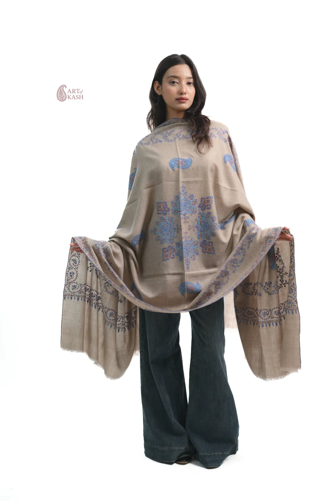 Designer Pashmina Shawl — Beige With Blue Floral