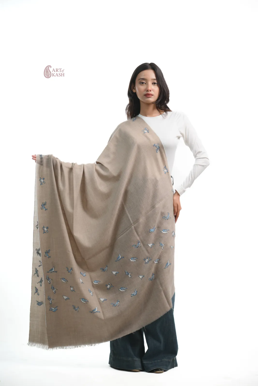 Designer Pashmina Shawl — Beige With Blue Floral