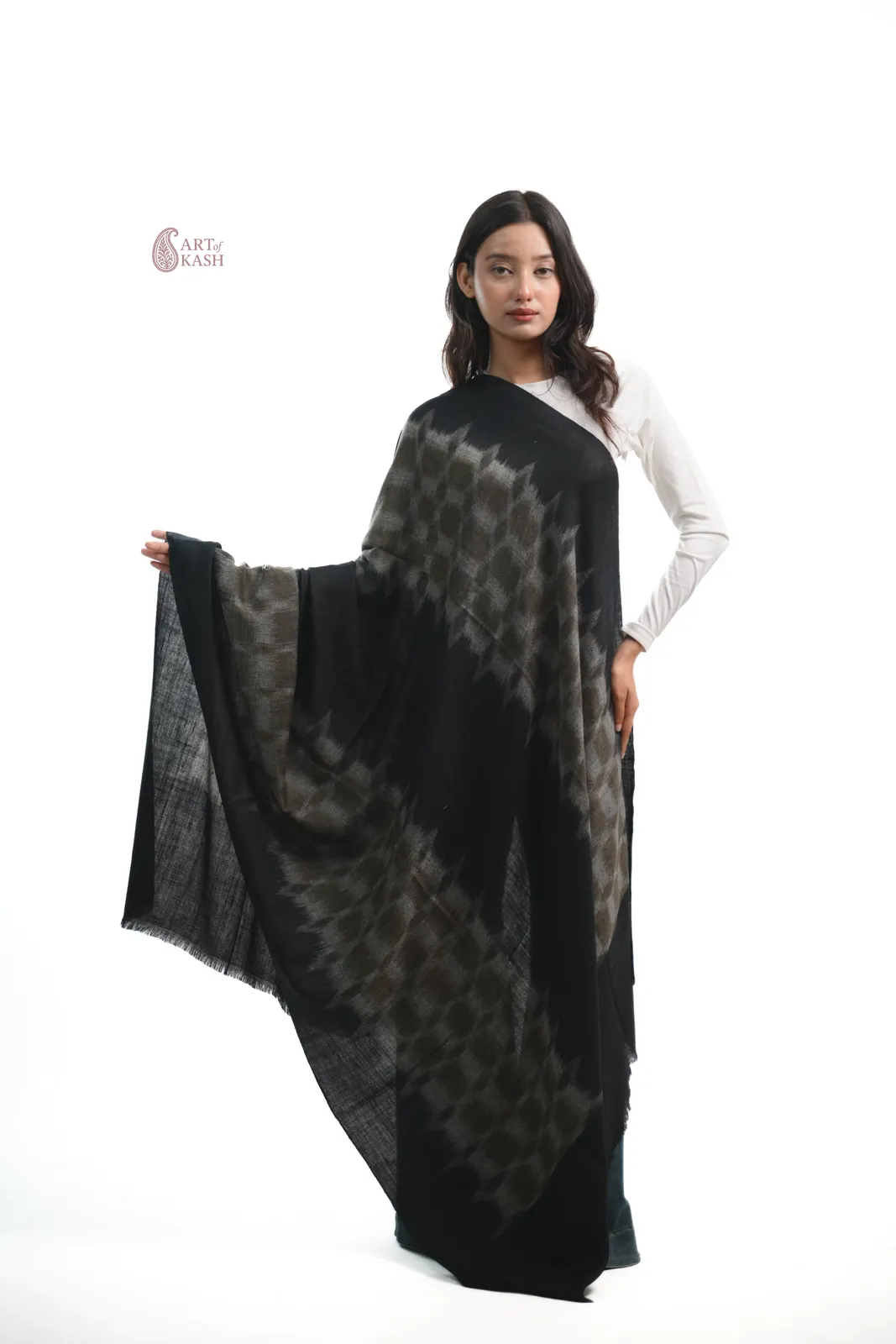 Ikkat Shawl — Black And Olive