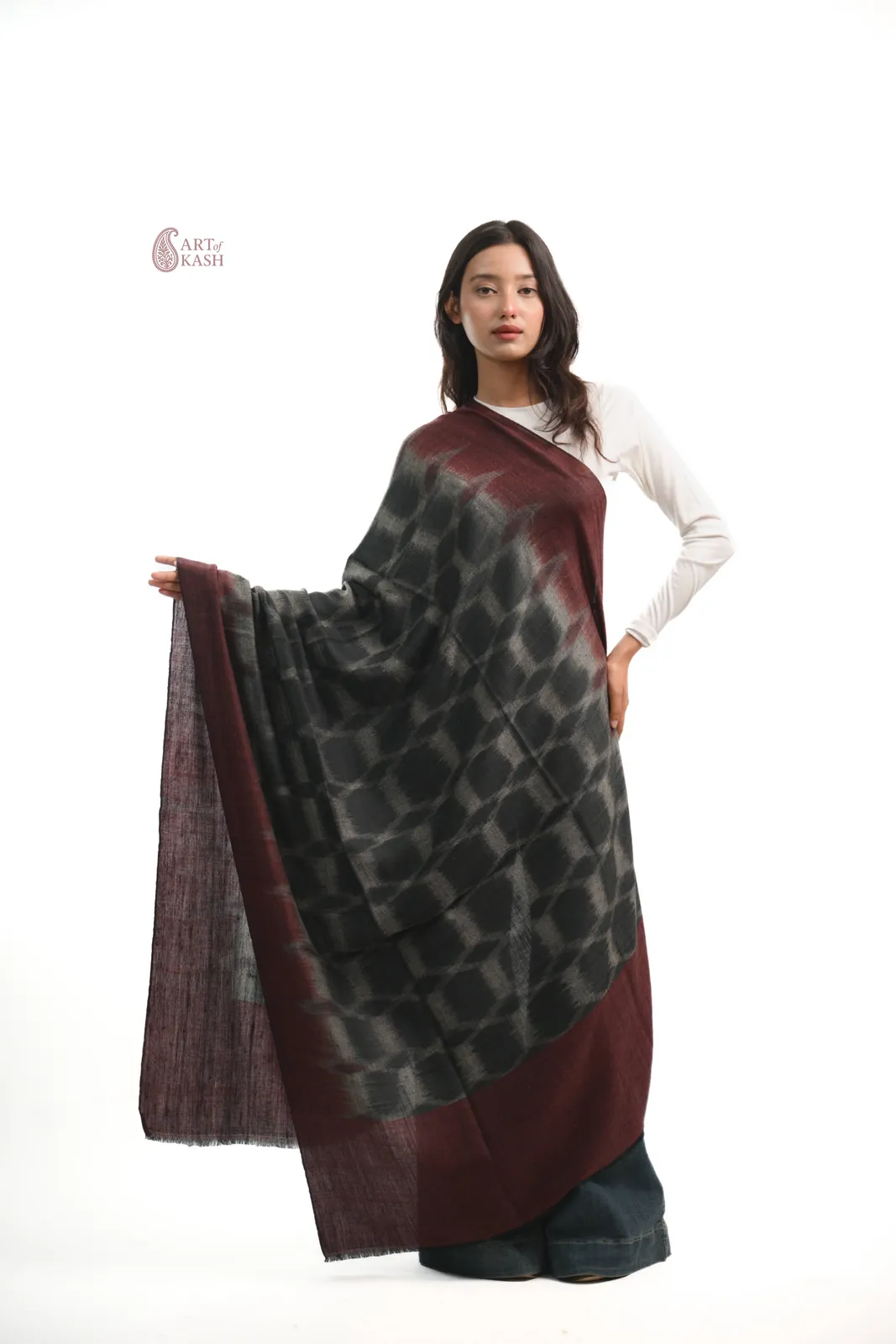 Ikkat Shawl — Grey And Maroon