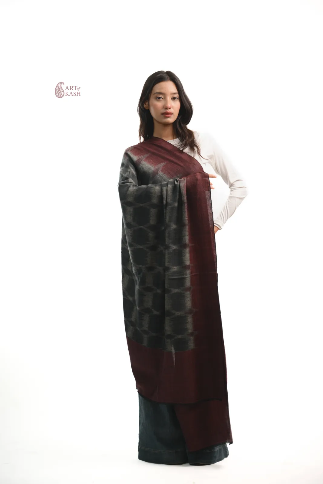 Ikkat Shawl — Grey And Maroon