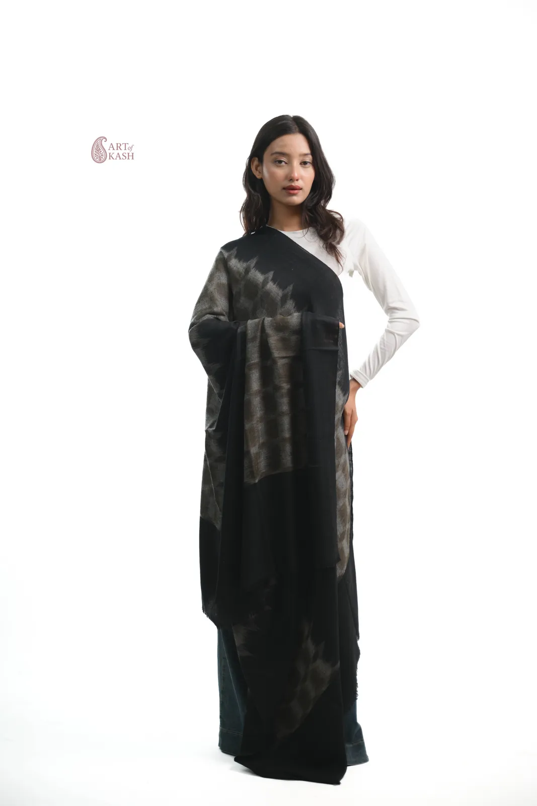 Ikkat Shawl — Black And Olive