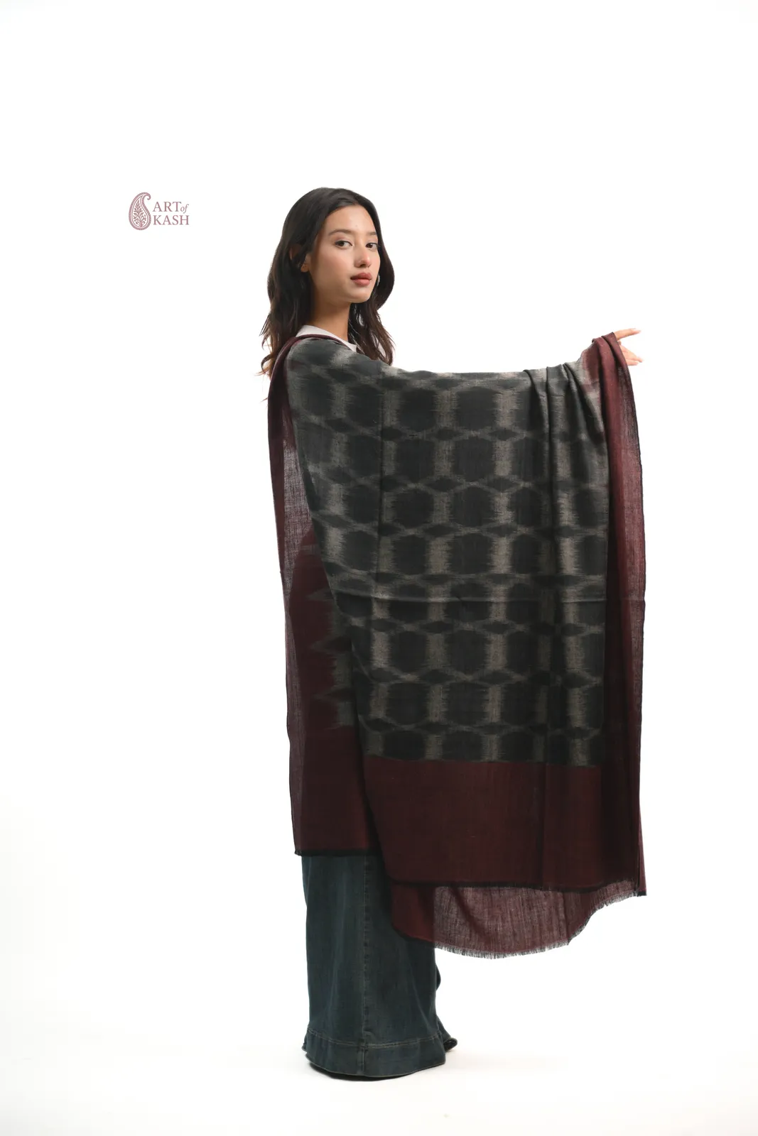 Ikkat Shawl — Grey And Maroon