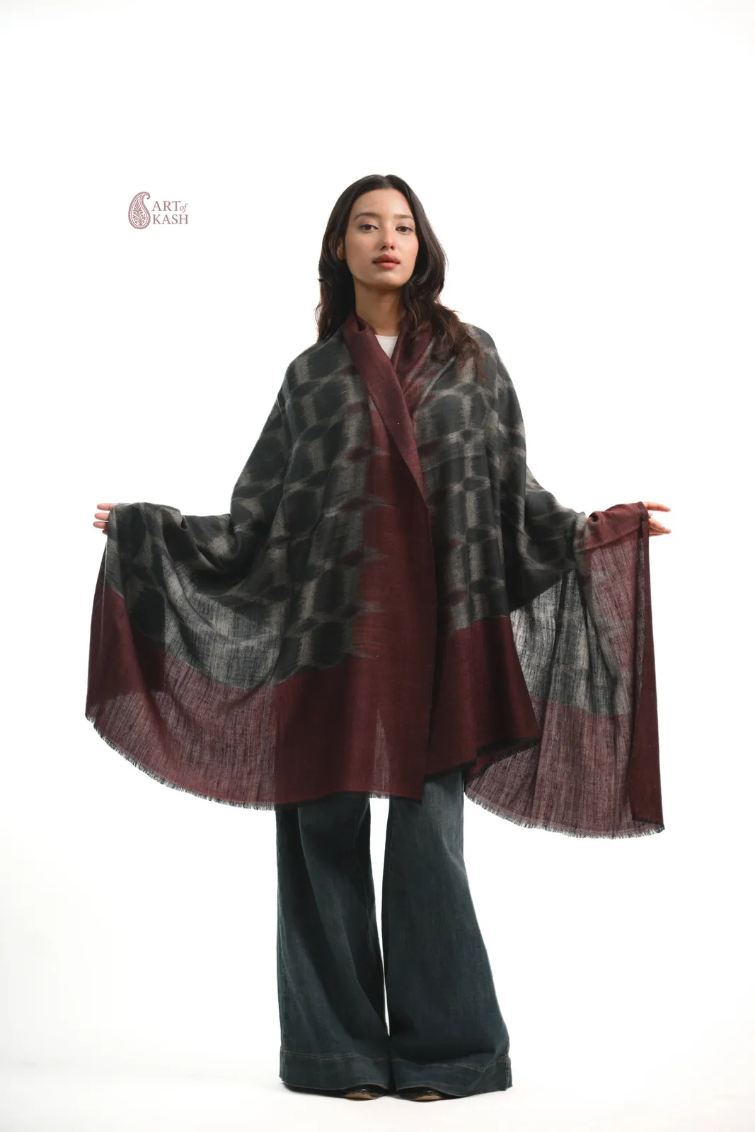 Ikkat Shawl — Grey And Maroon