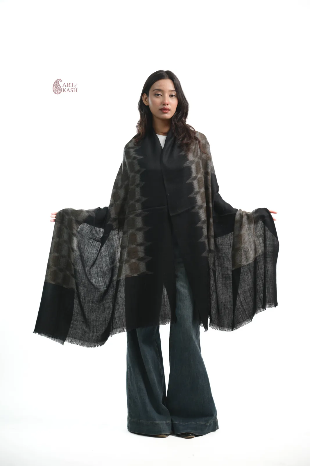 Ikkat Shawl — Black And Olive