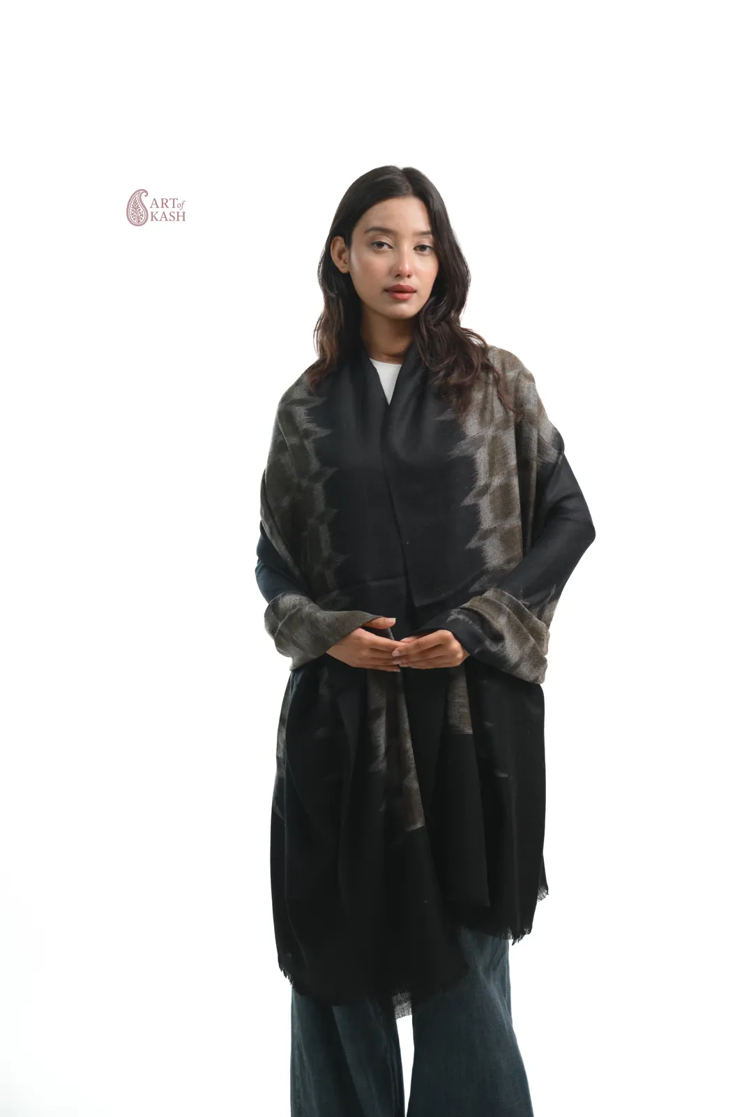 Ikkat Shawl — Black And Olive