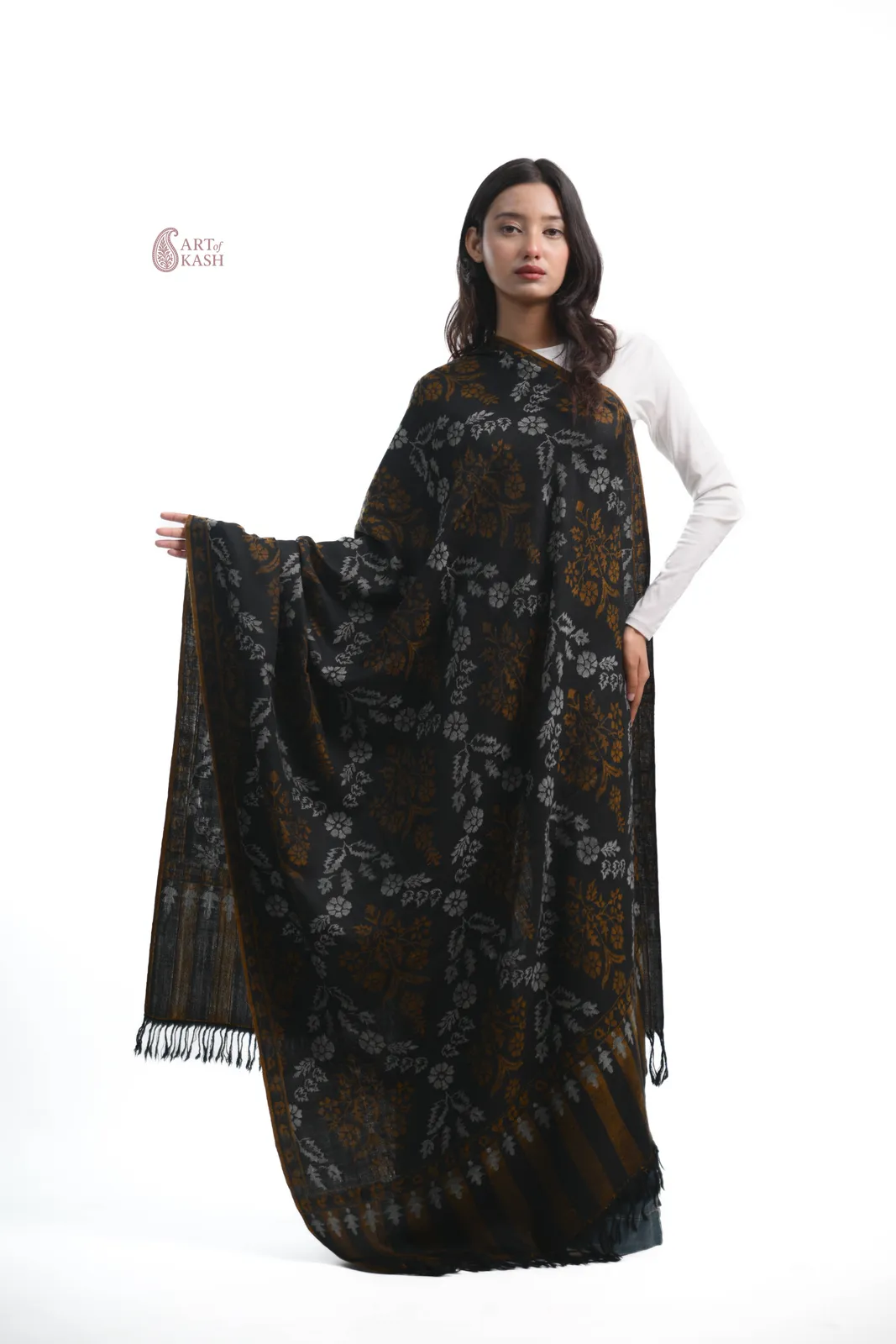 Pashmina Kani Shawl — Black With Gold Floral