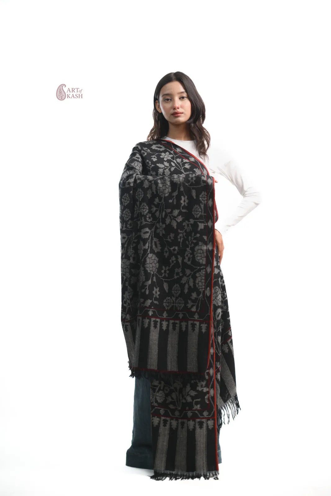 Pashmina Kani Shawl — Black With Red Edge