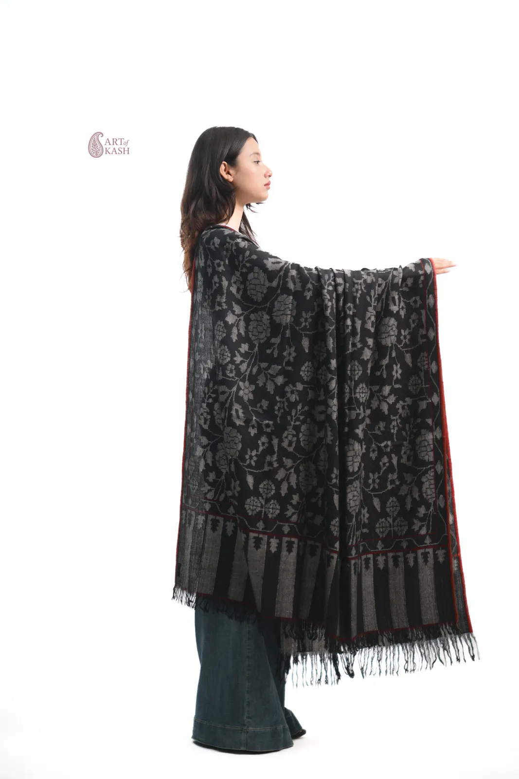 Pashmina Kani Shawl — Black With Red Edge