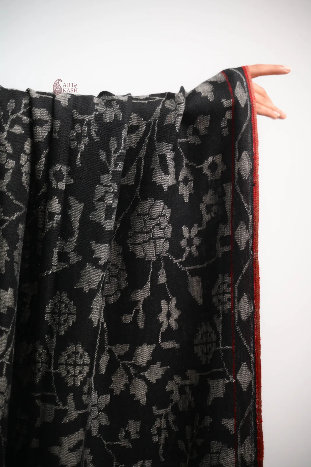 Pashmina Kani Shawl — Black With Red Edge