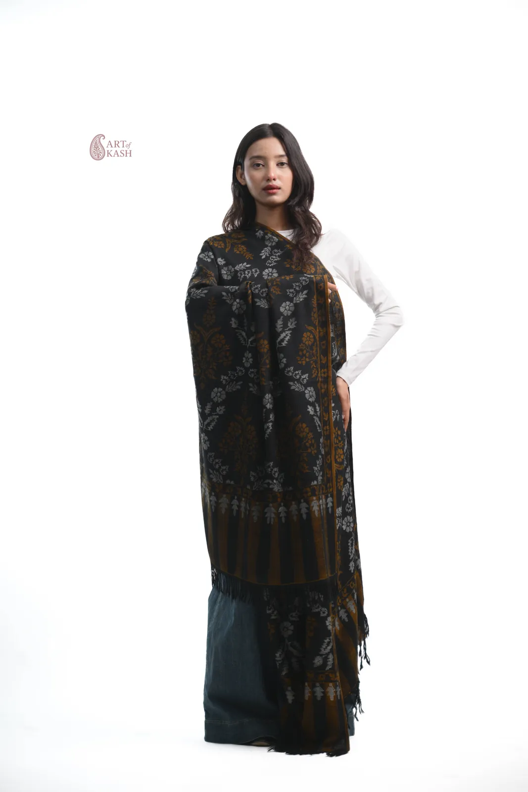 Pashmina Kani Shawl — Black With Gold Floral