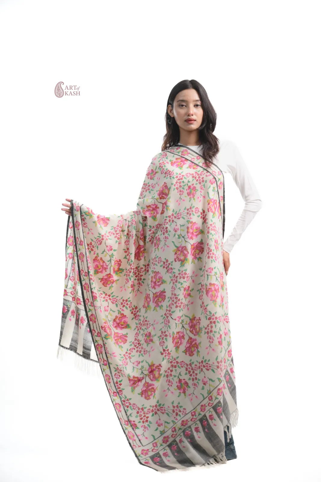 Pashmina Kani Shawl — Ivory With Pink Roses