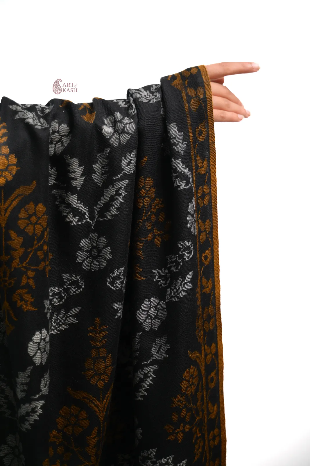 Pashmina Kani Shawl — Black With Gold Floral