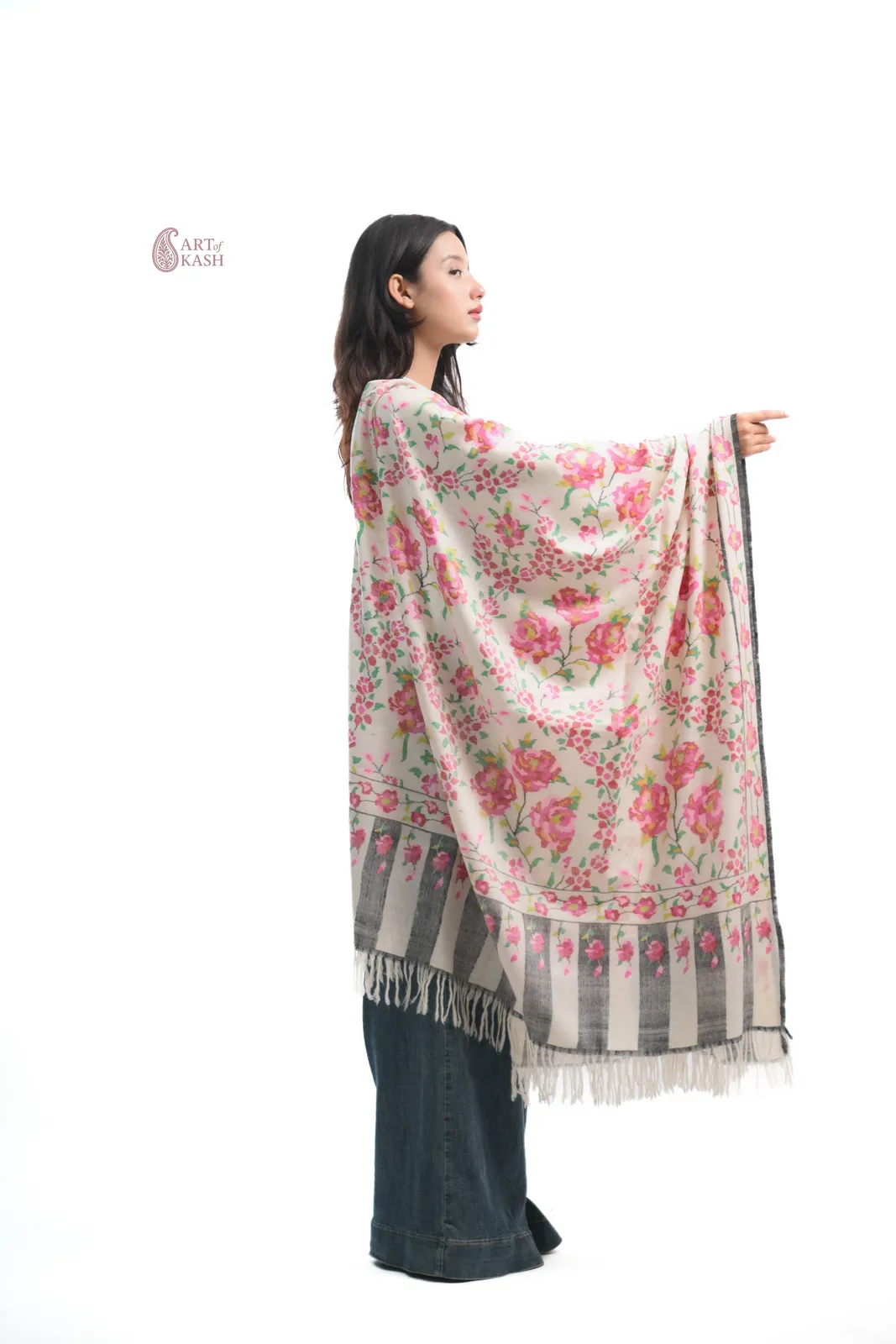 Pashmina Kani Shawl — Ivory With Pink Roses