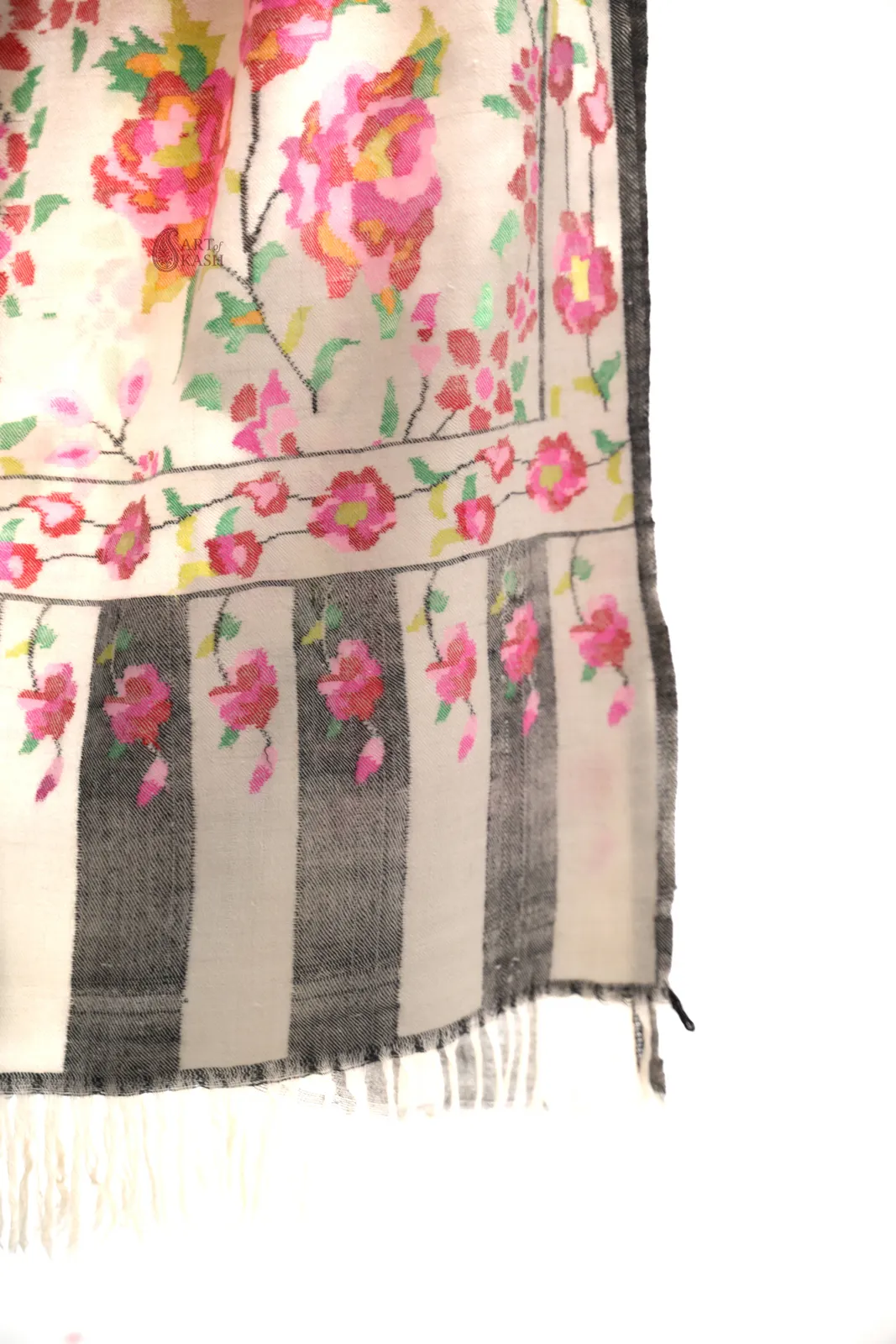 Pashmina Kani Shawl — Ivory With Pink Roses